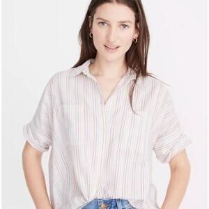 Madewell Courier Shirt Stitched Rainbow Stripe Women's XXS White Boxy Oversized